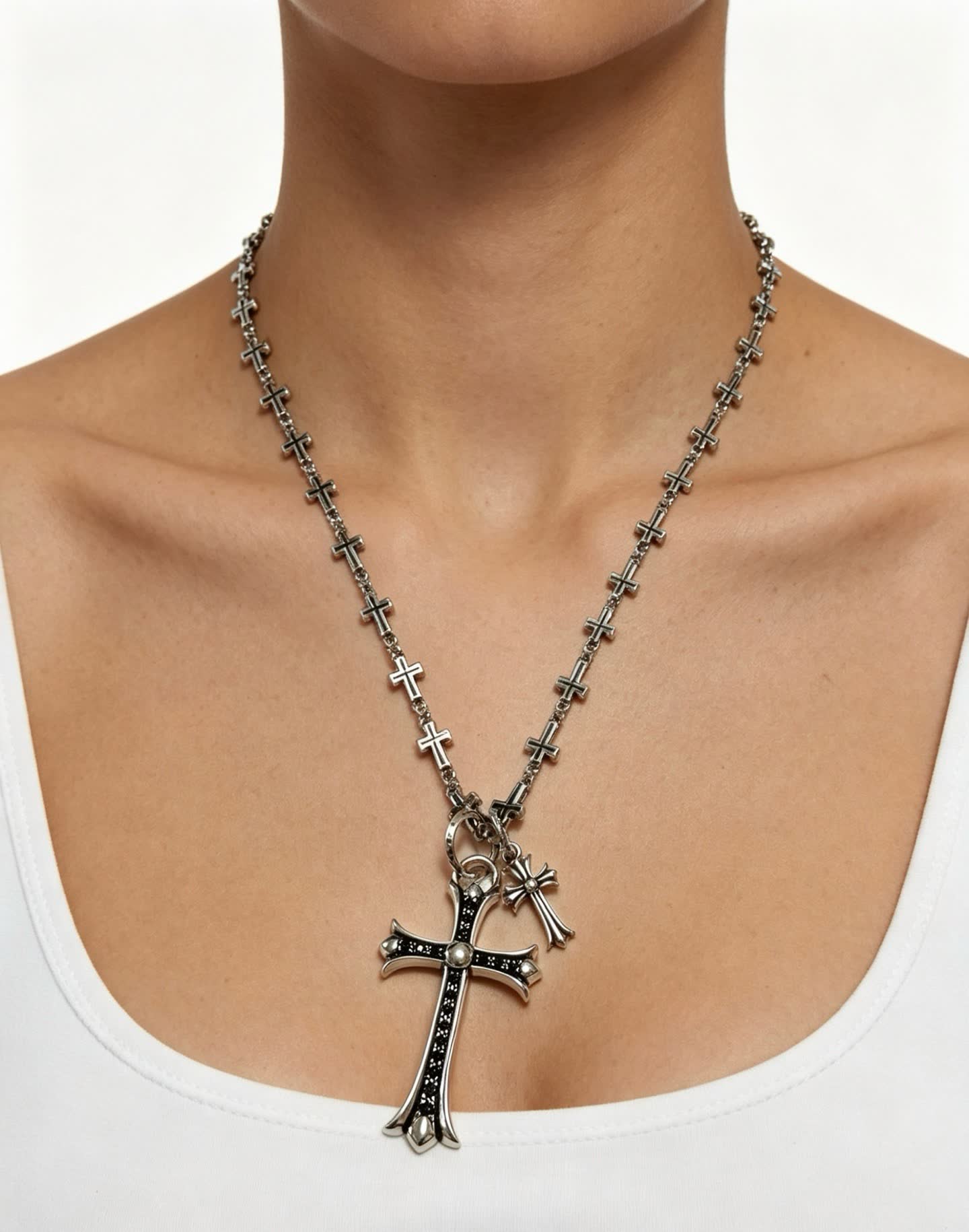 Chrome Hearts Silver Cross Necklace with Black Inlay